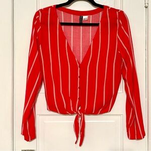 H&M Pinstripe Tie Front Button Down V-Neck Long Sleeve